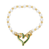 Glass pearl bead elstic bracelets with pave heart connector