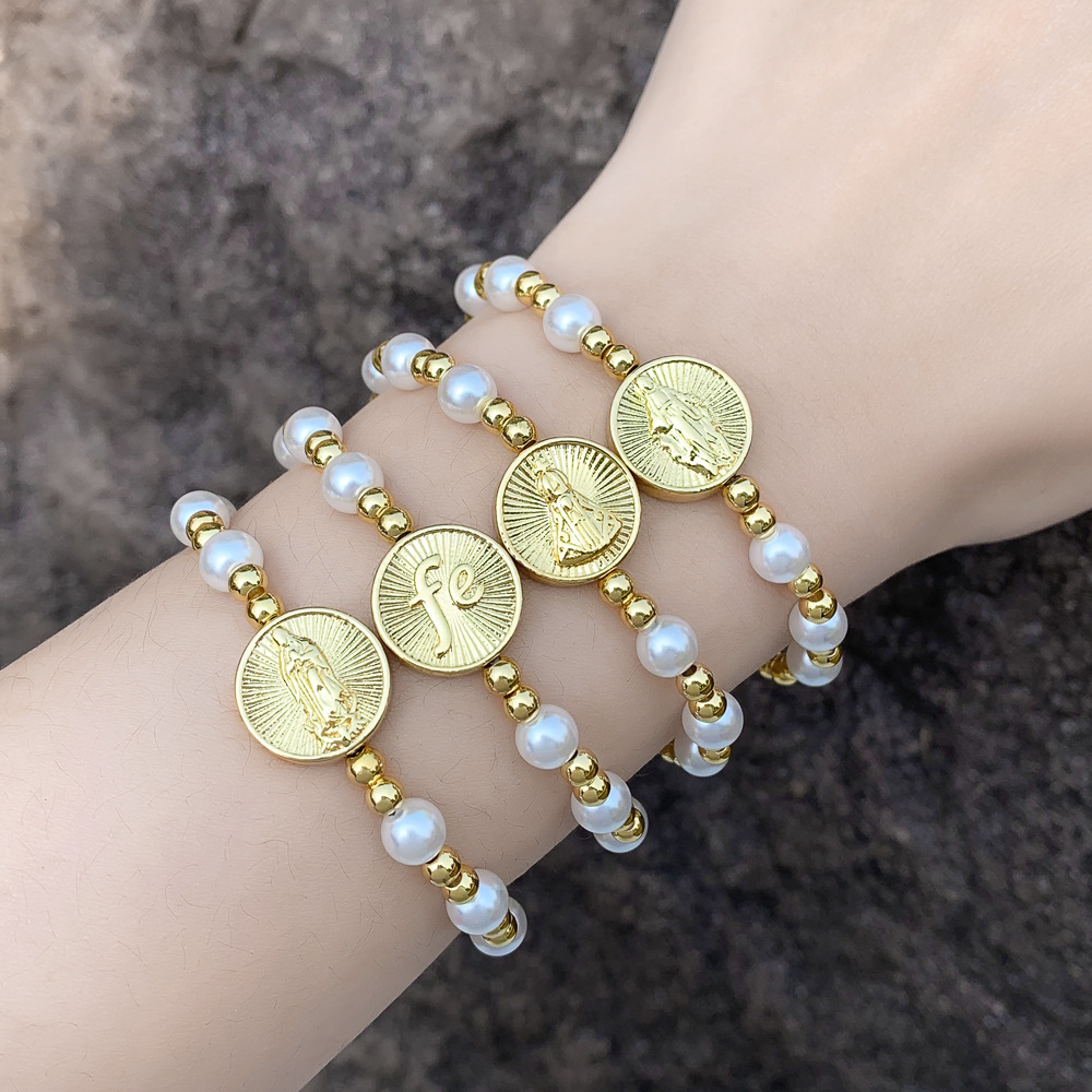 Glass pearl bead elstic bracelets with fe charm