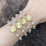 Glass pearl bead elstic bracelets with fe charm