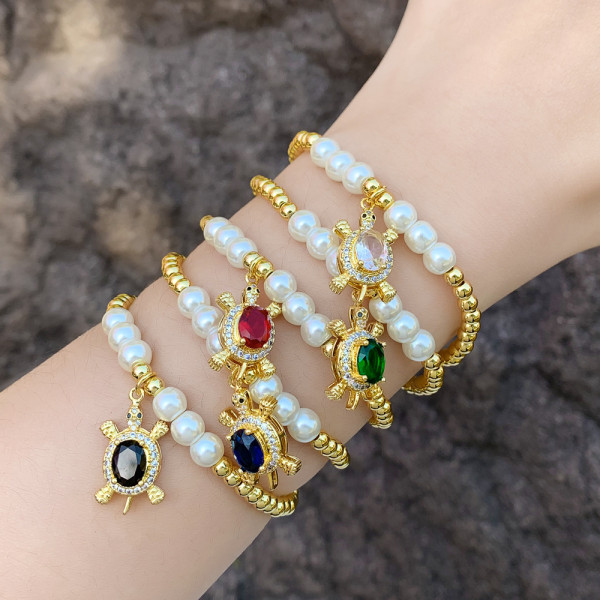 Glass pearl bead bracelets with turtles pendant