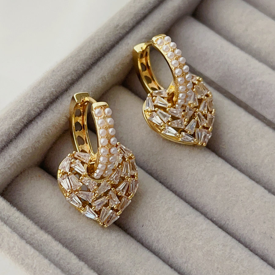 Pave heart drop pearl earrings