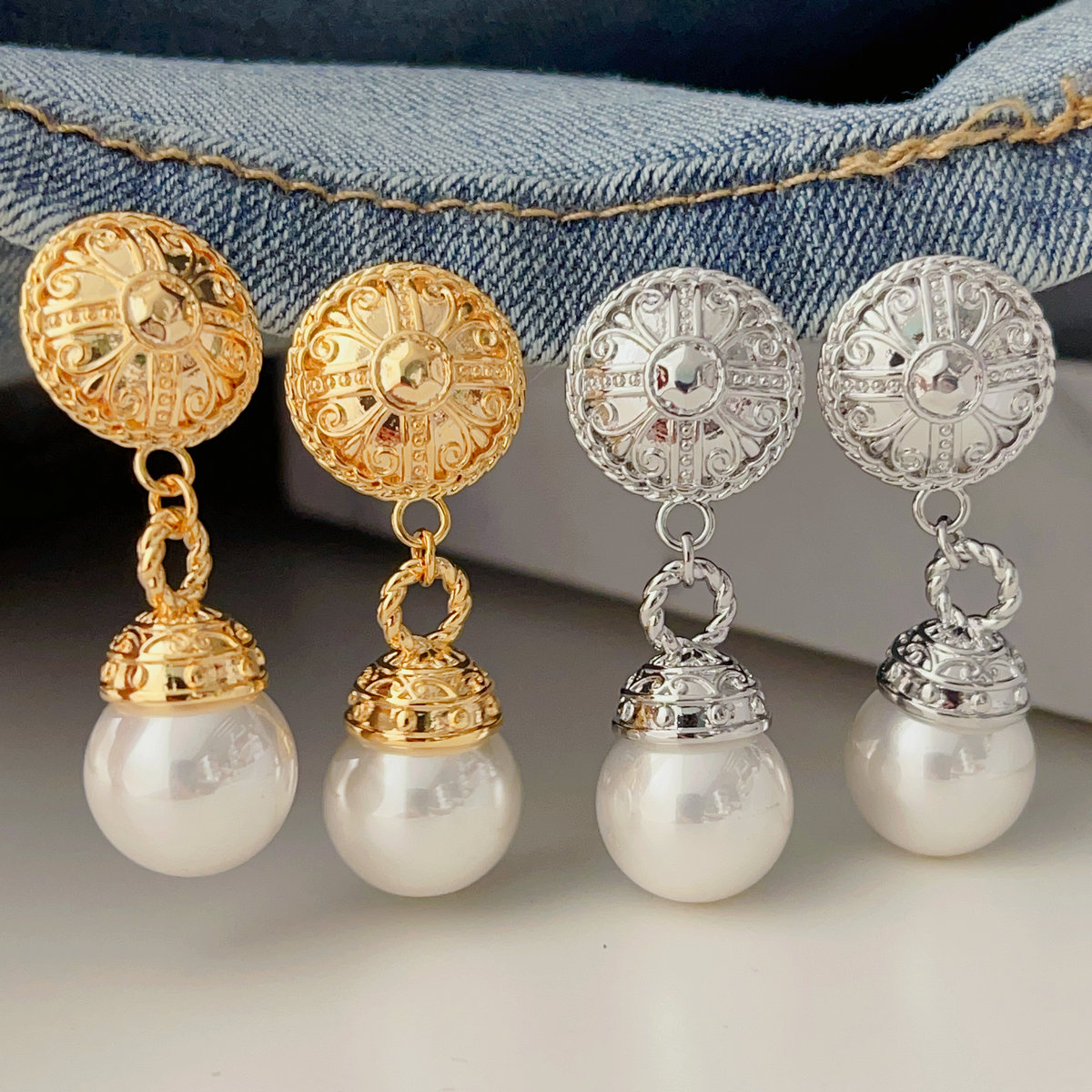 Pearl drop long earrings