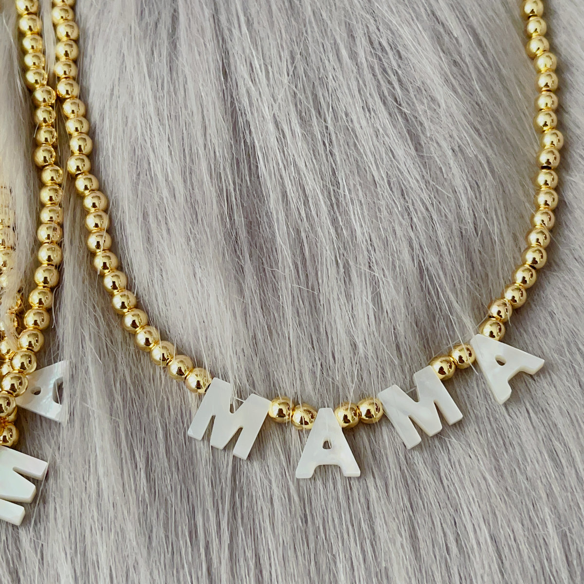 Shell mama words gold bead necklace