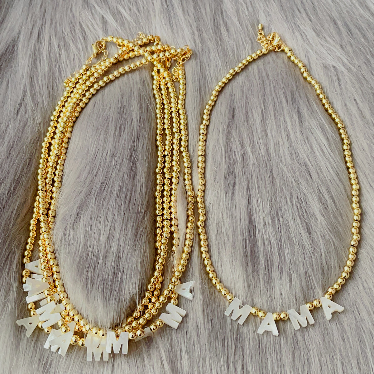 Shell mama words gold bead necklace