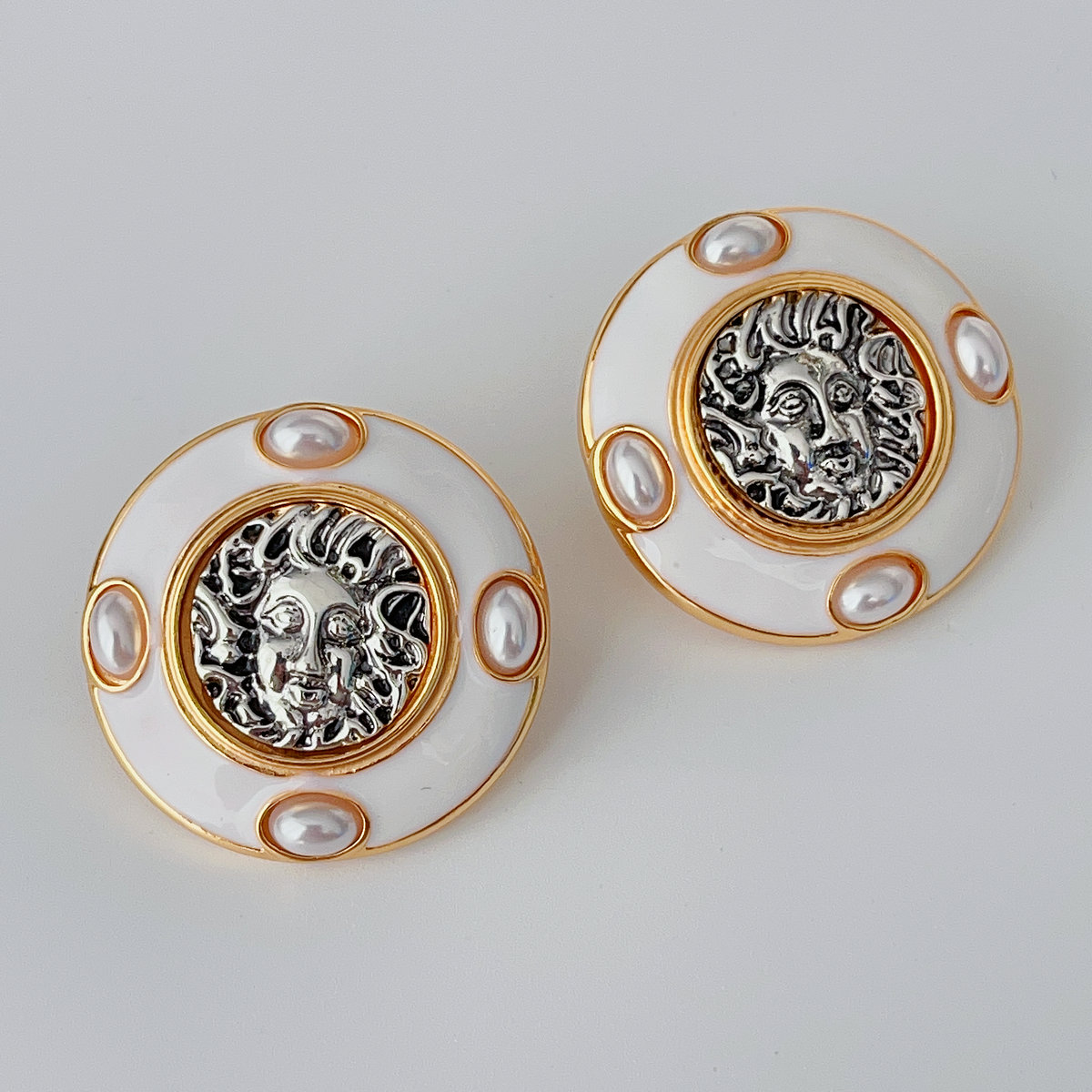 White enamel coin earrings