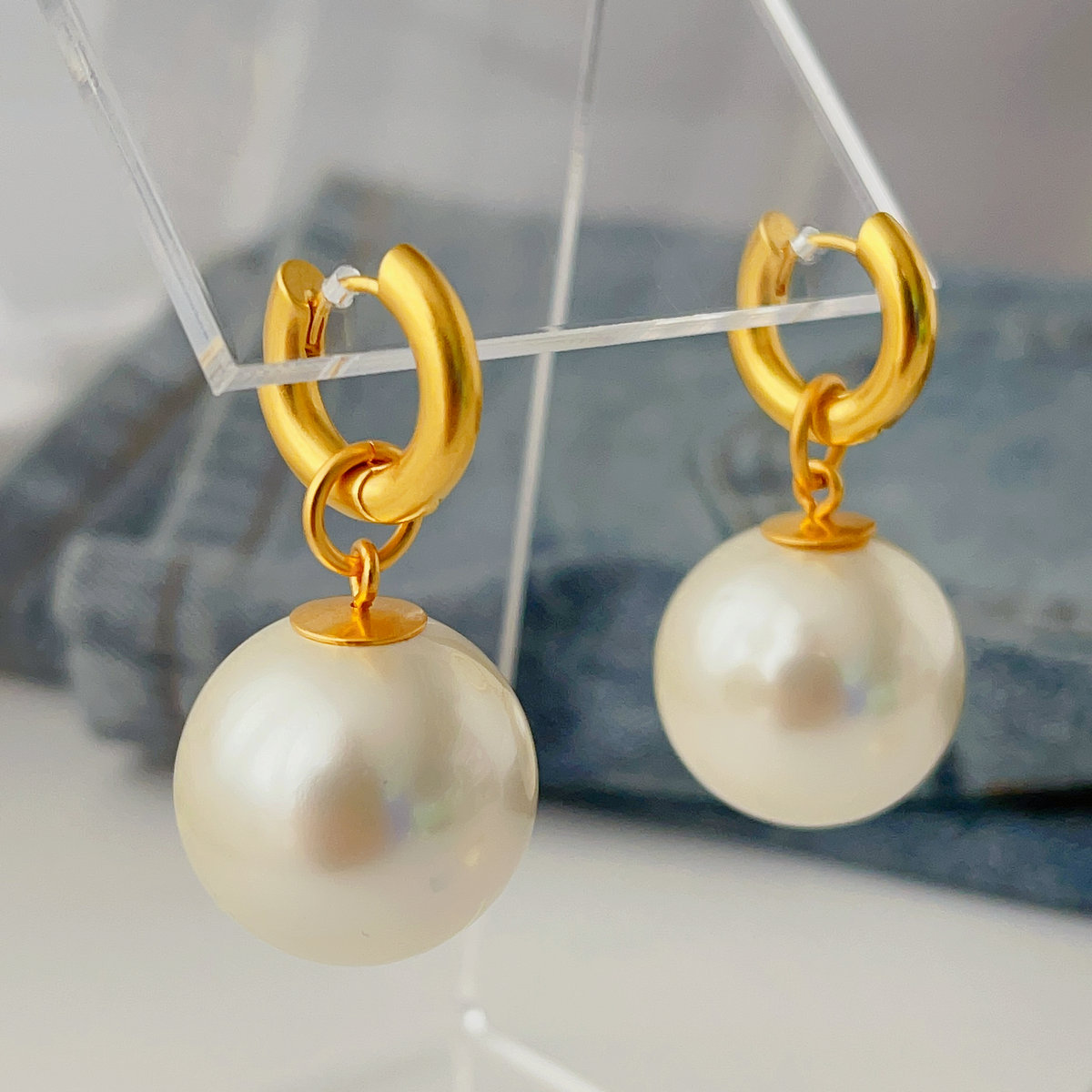 Big glass pearl drop earrings