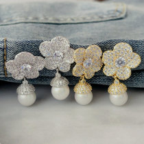 Pave zircon flower pearl drop earrings