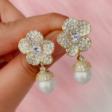 Pave zircon flower pearl drop earrings