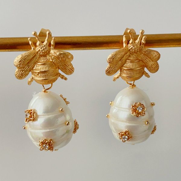 pearl drop bee earrings