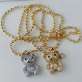 Pave teddy bear pendant with dot bead necklace