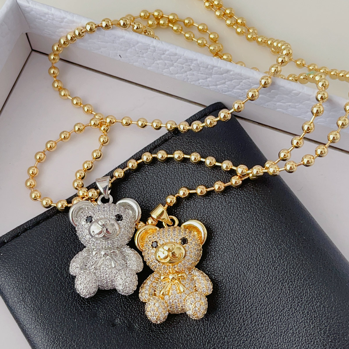 Pave teddy bear pendant with dot bead necklace