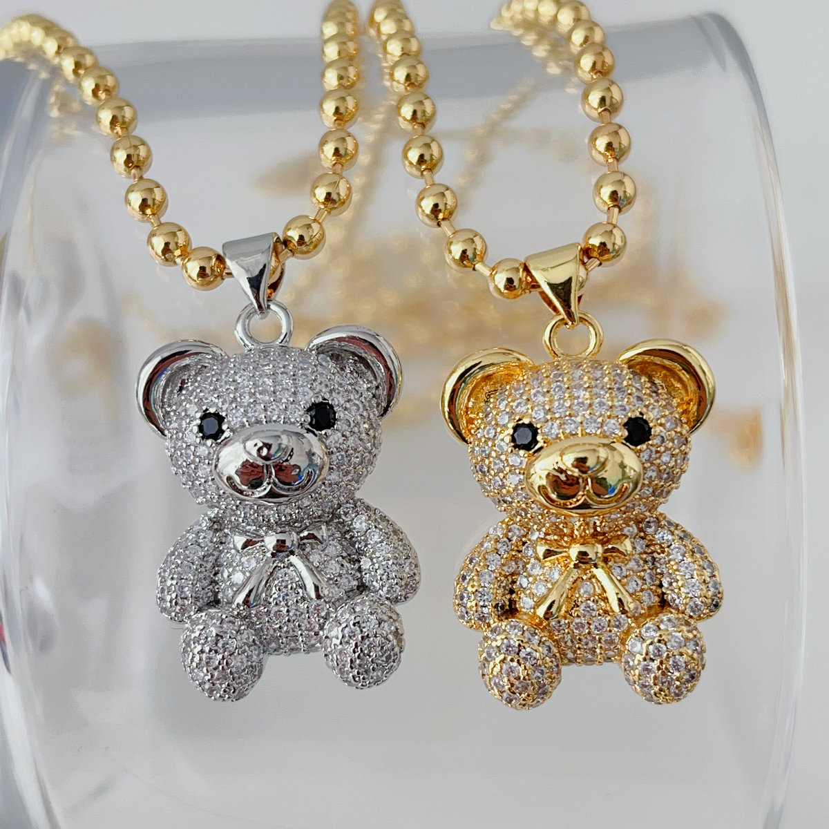 Pave teddy bear pendant with dot bead necklace