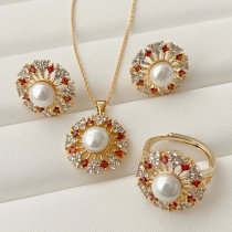Red zicon pearl set earrings necklace ring