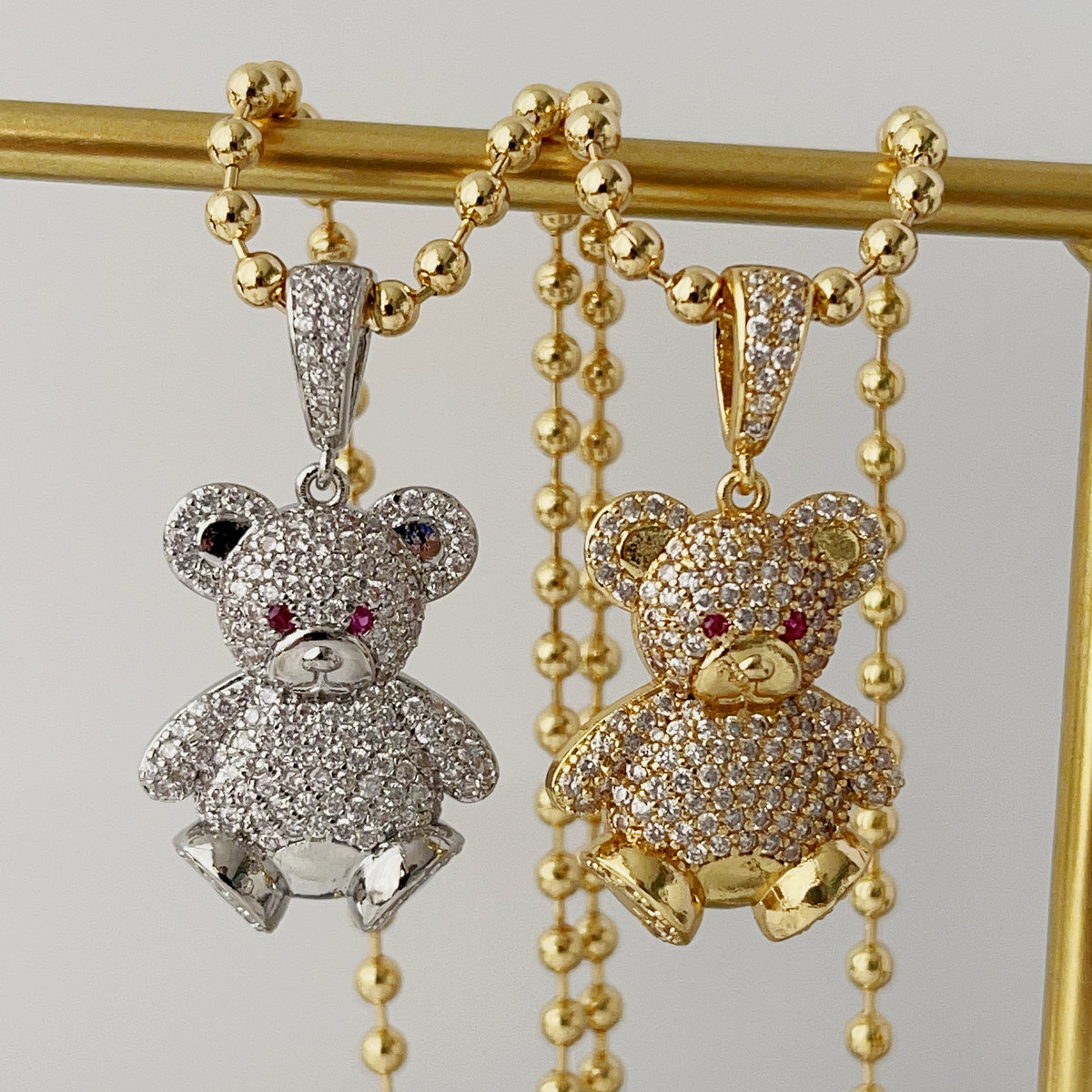 Pave teddy bear pendant dot chain necklace