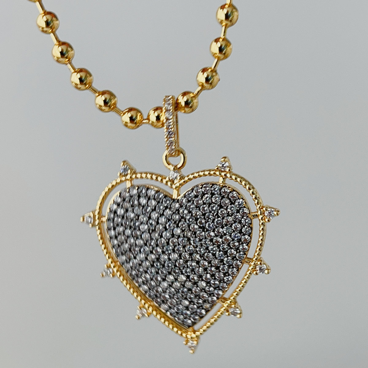 Pave heart pendant bead necklace