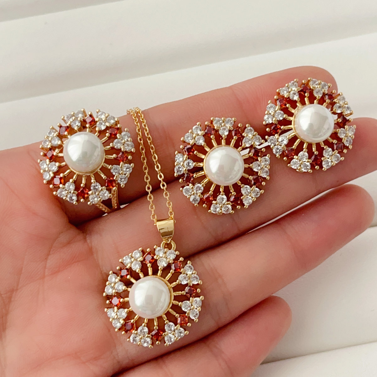 Red zicon pearl set earrings necklace ring