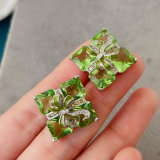 Green glass zircon squre earrings