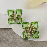 Green glass zircon squre earrings
