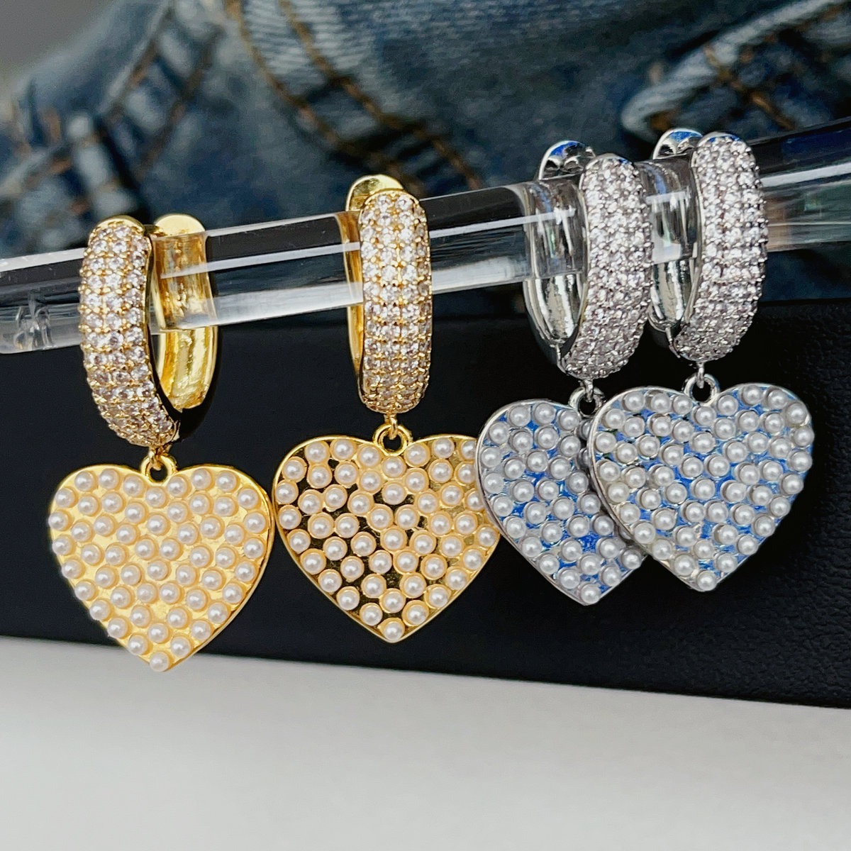 Pearl heart pendant earrings