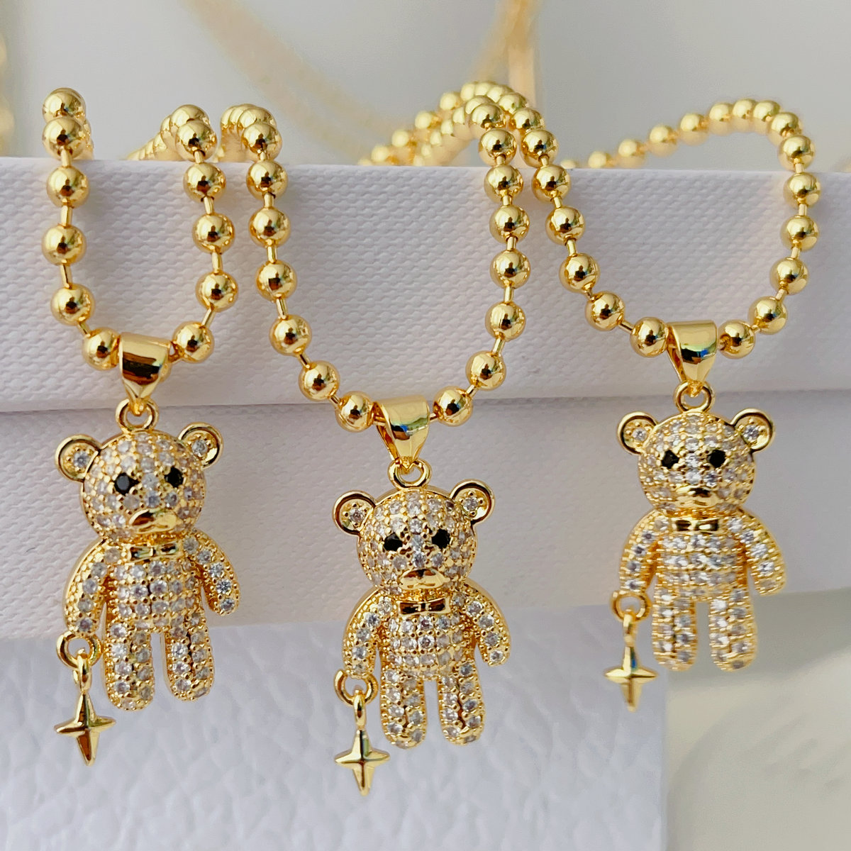 Pave teddy bear pendant beaded necklace