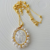 Pearl oval shell jesus pendant necklace