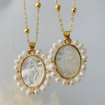 Pearl oval shell jesus pendant necklace