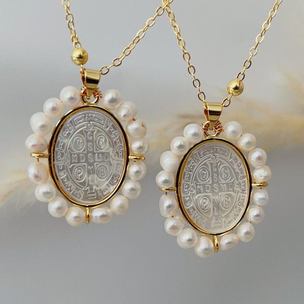 Pearl oval shell cross pendant necklace
