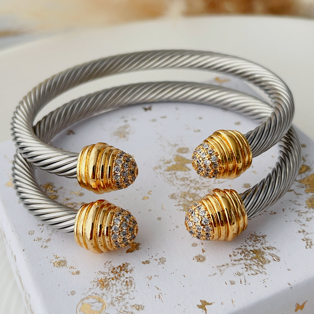 Stainless steel pave ball cuff