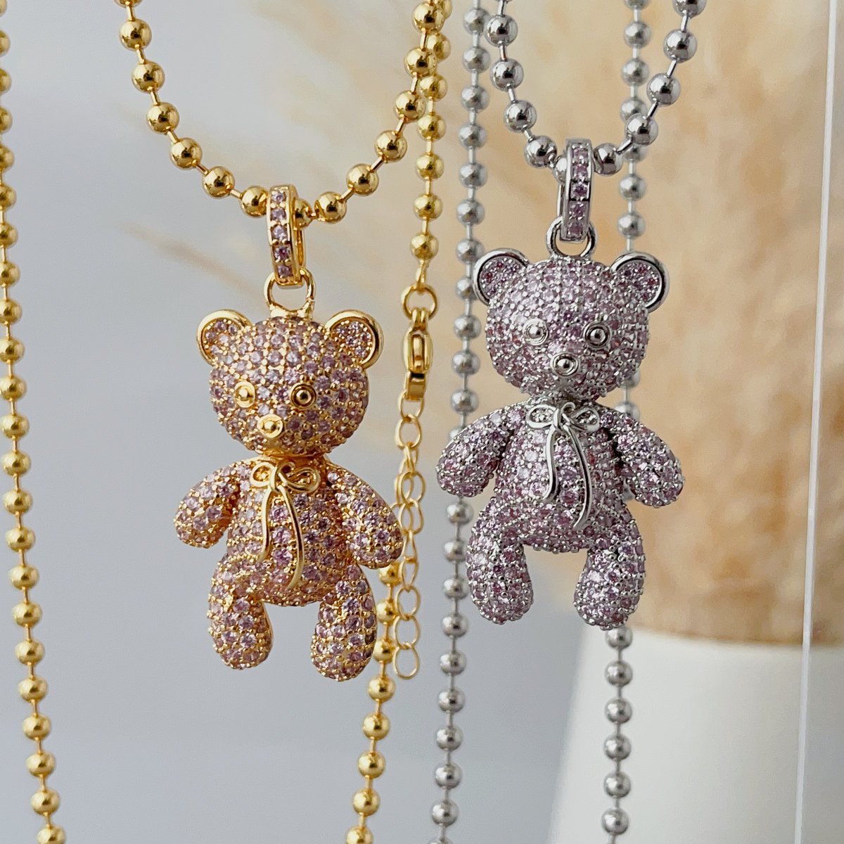 Pave zircon teddy bear necklace