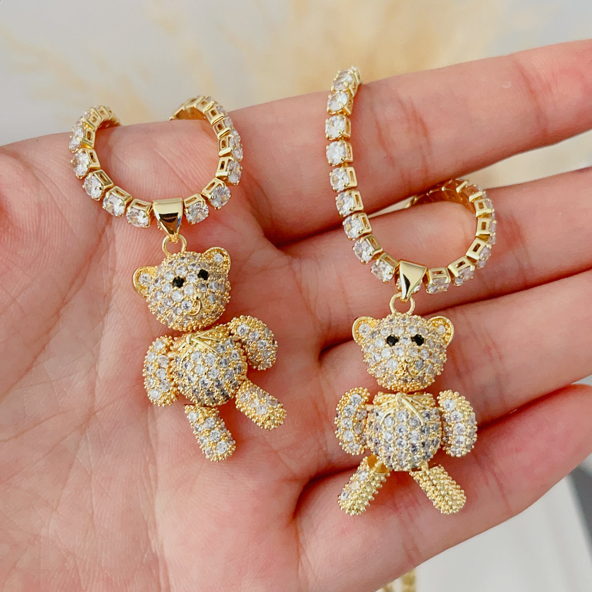 Pave tennise necklace with teddy bear pendant
