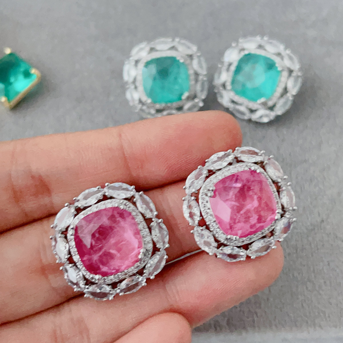 Pink blue zircon square earrings
