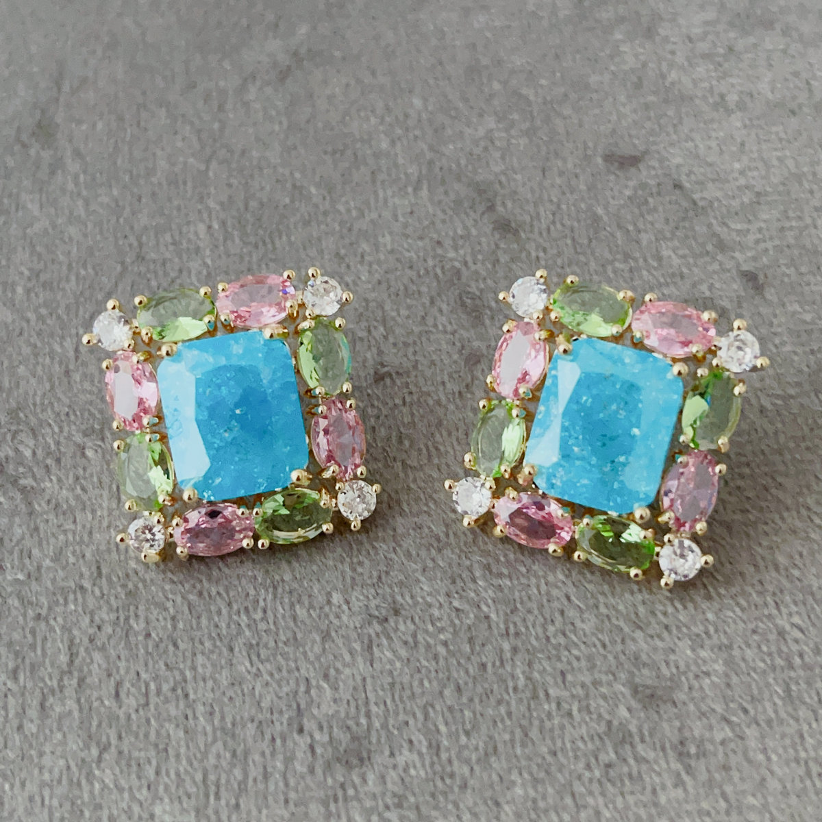 Blue stone square earrings