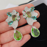 Pave green oval drop flower earrings