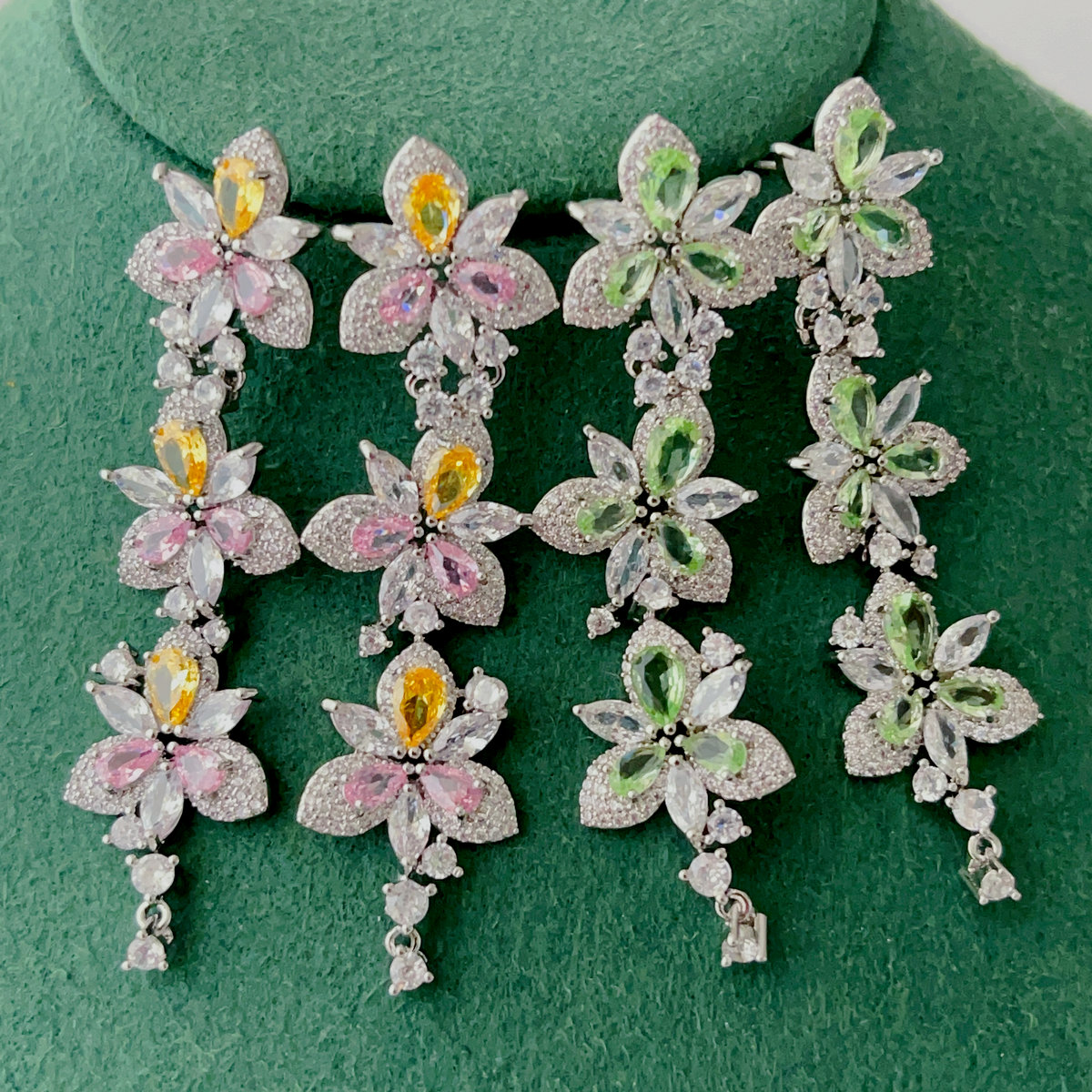 Pave colorful long flower earrings