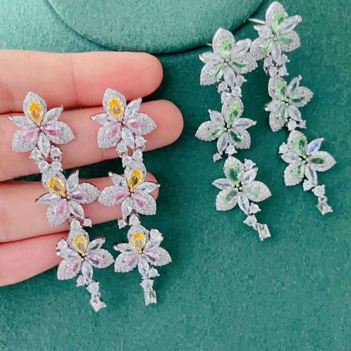 Pave colorful long flower earrings