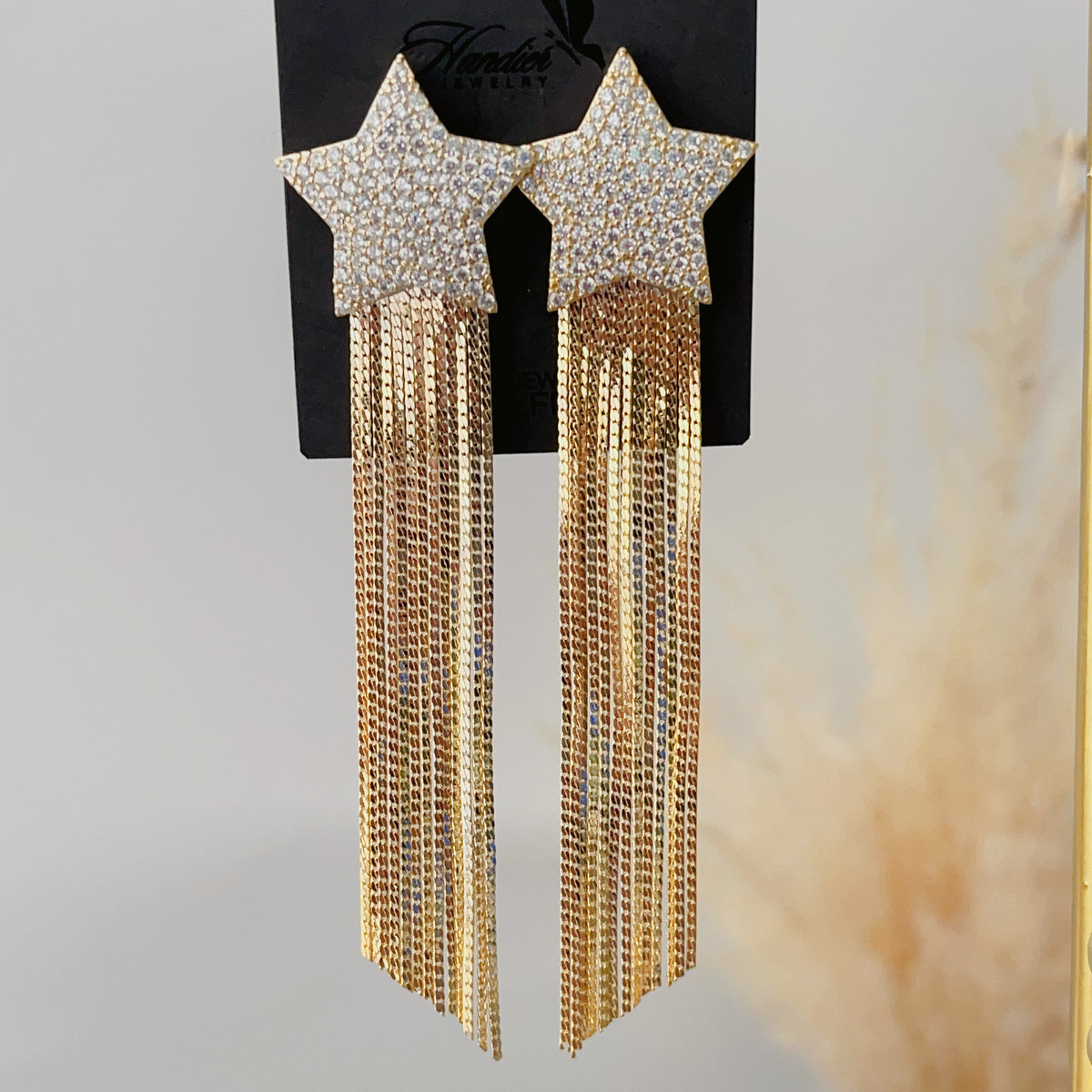 Thin chain tassel star earrings