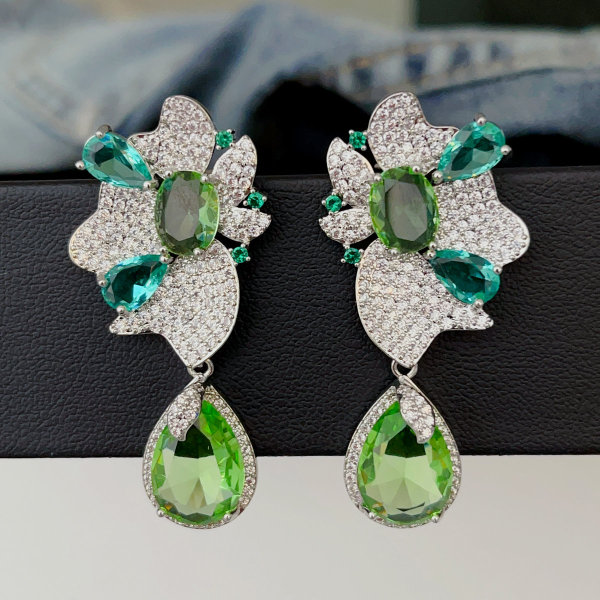 Pave green oval drop flower earrings