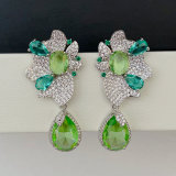 Pave green oval drop flower earrings
