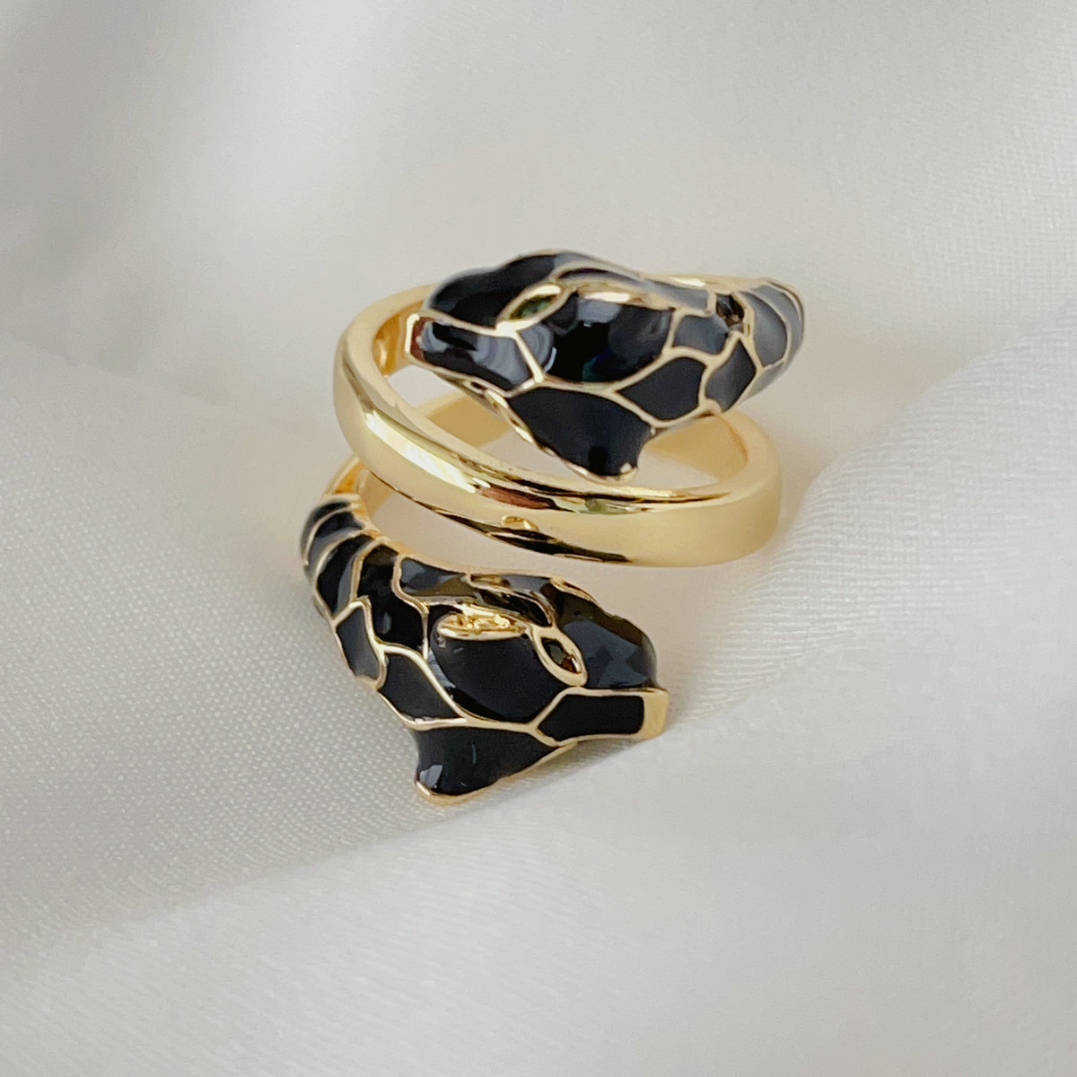 Black enamel lion ring