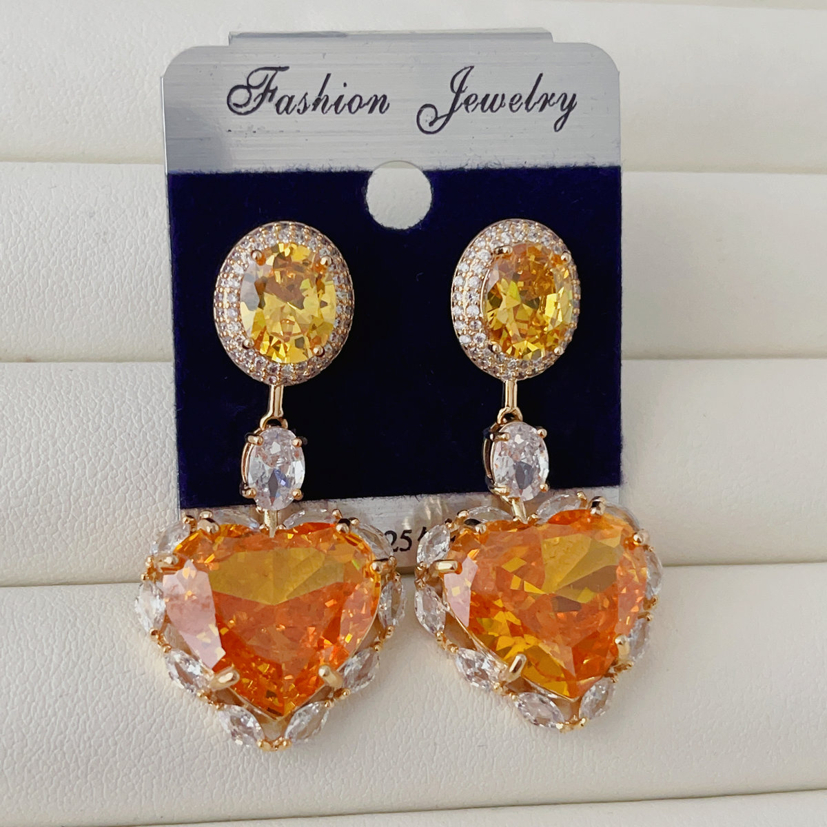 Yelllow big zircon heart earrings