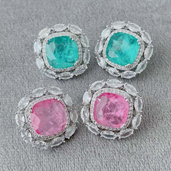 Pink blue zircon square earrings