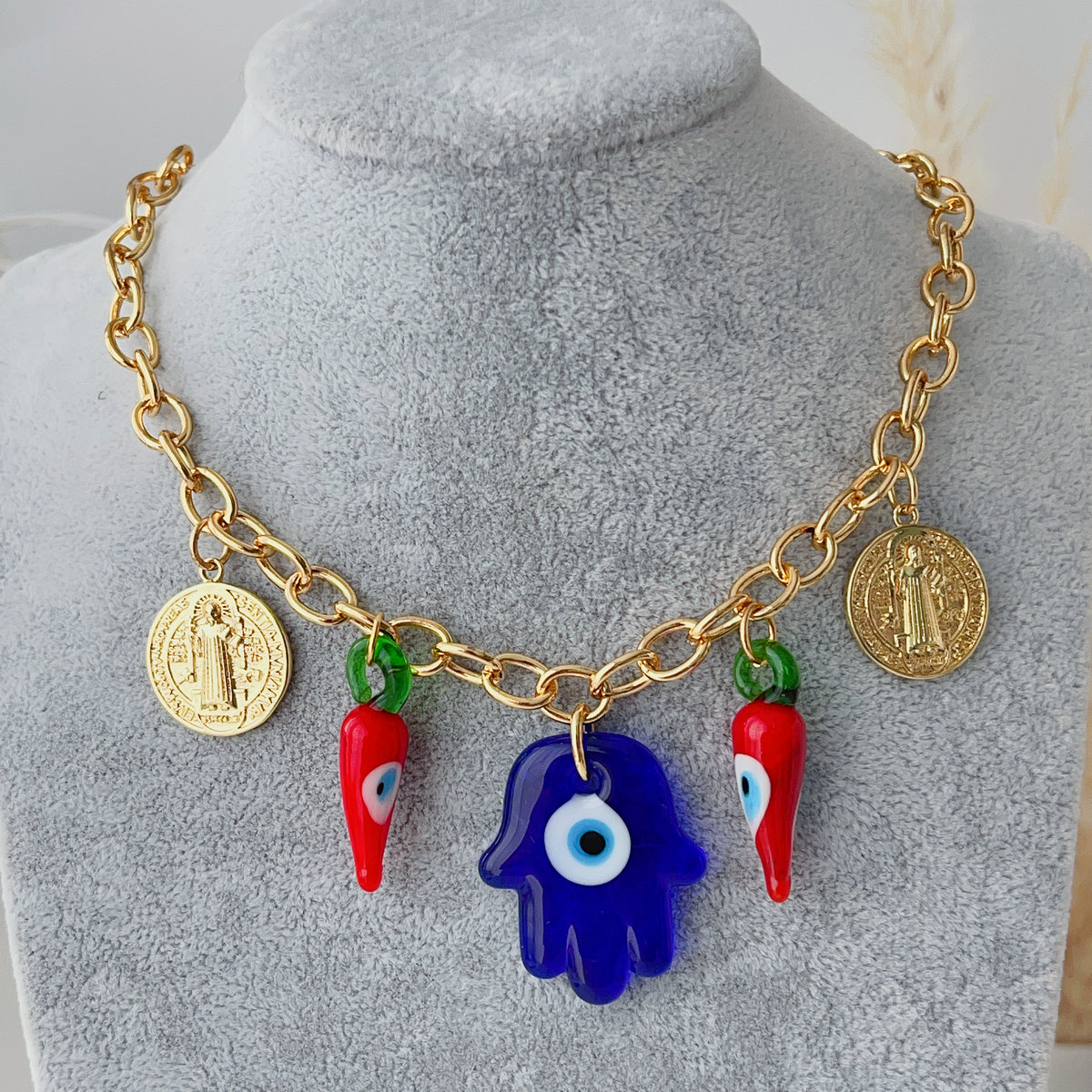 Blue glass eye charms necklace