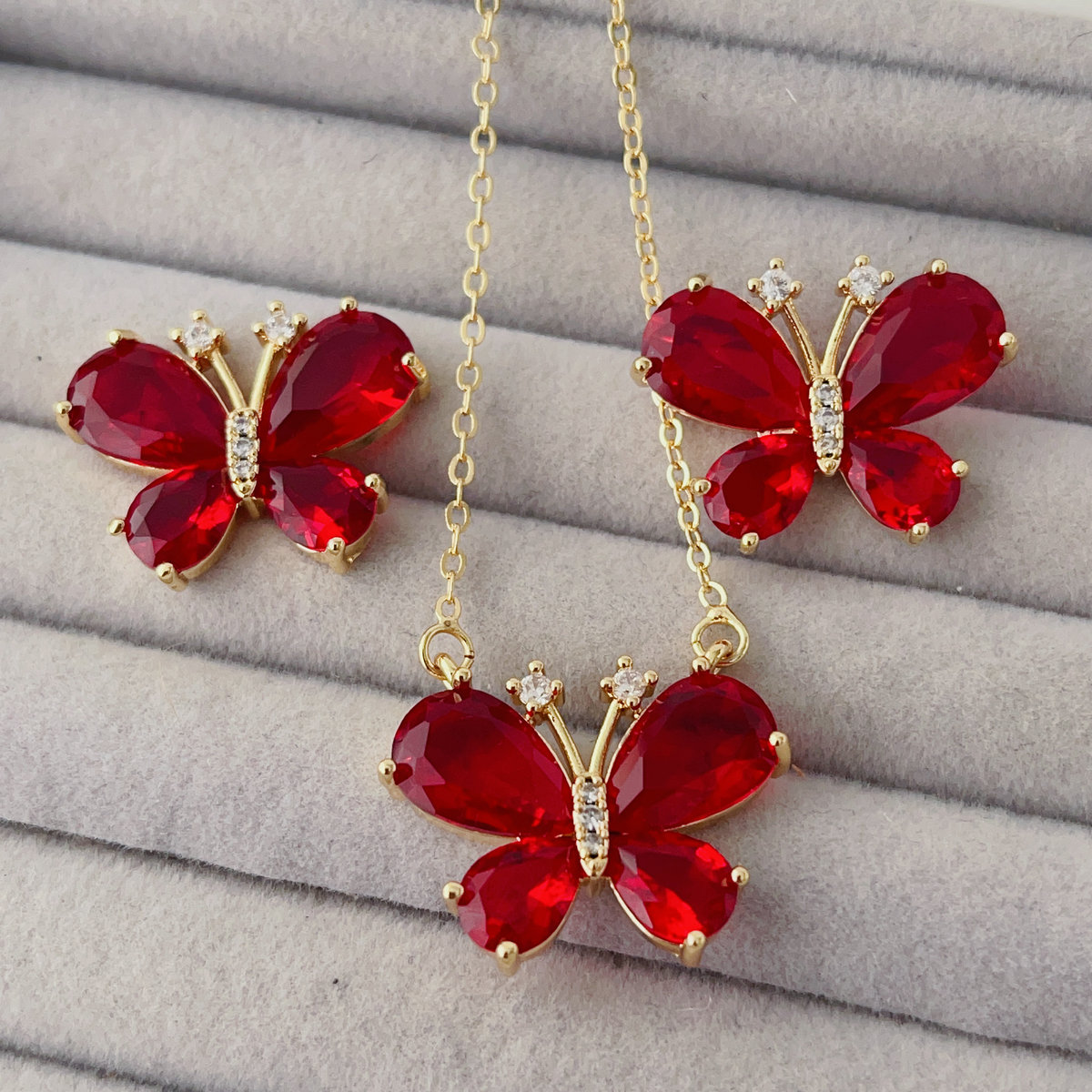 Red crystal butterfly earring and necklace