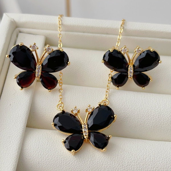 Black crystal butterfly earring and necklace