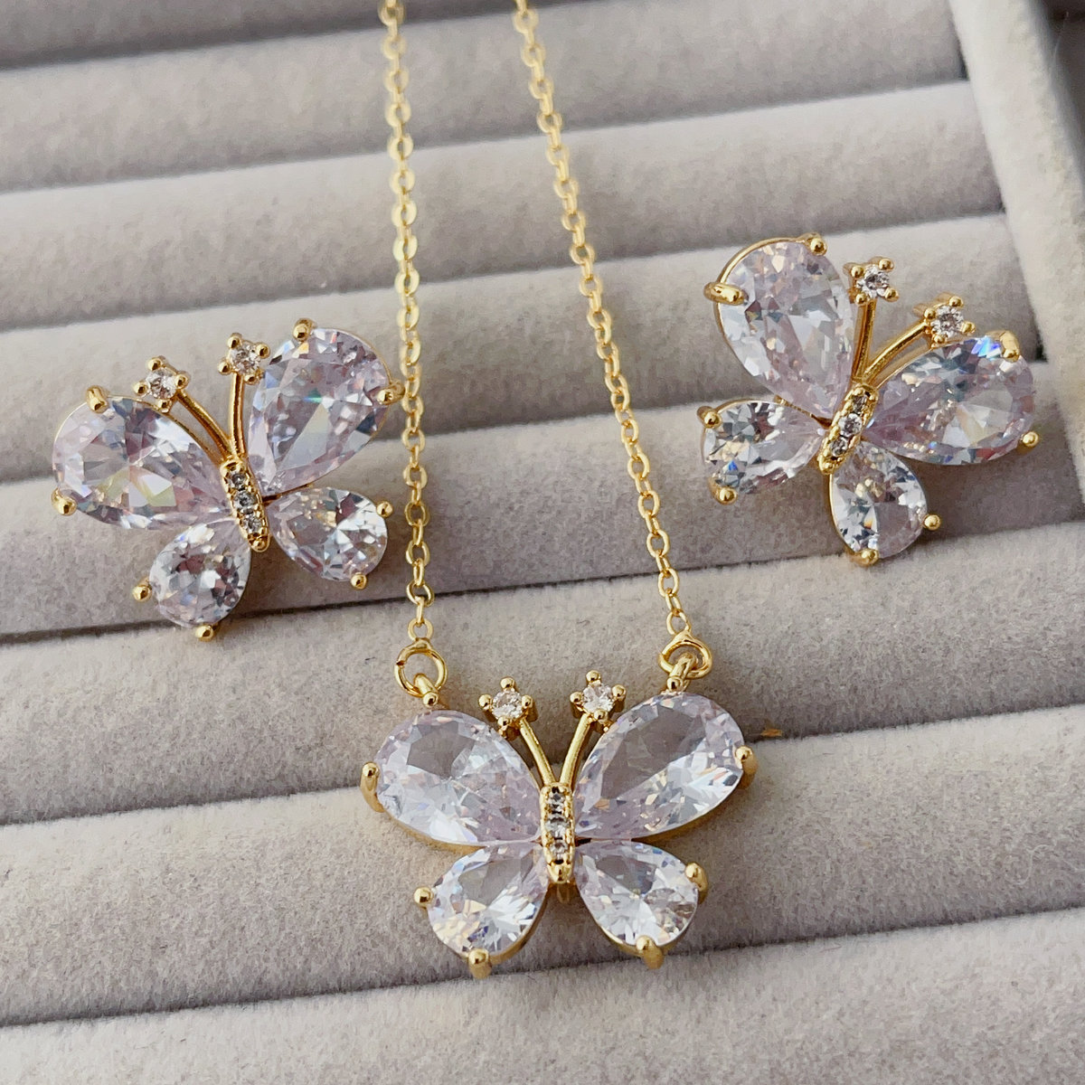Clear crystal butterfly earring and necklace