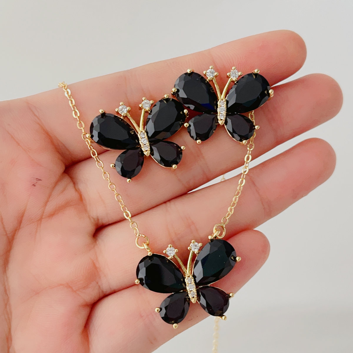 Black crystal butterfly earring and necklace