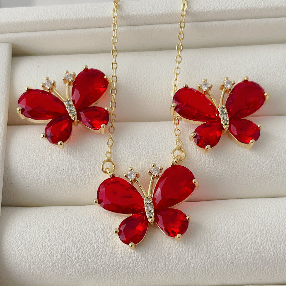 Red crystal butterfly earring and necklace