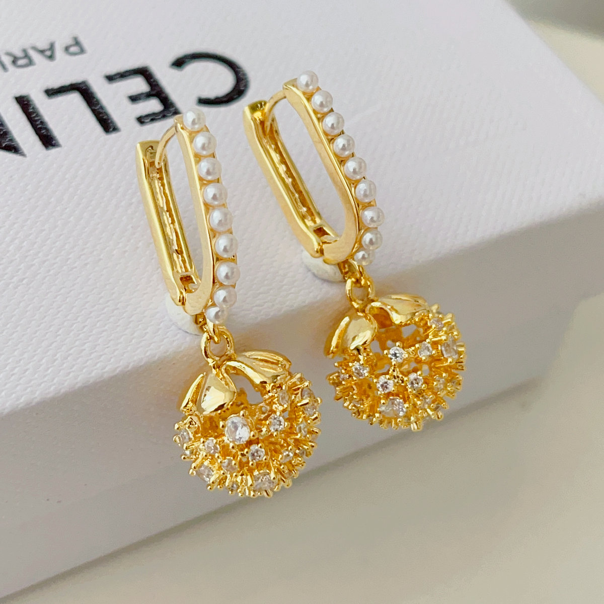 pave ball pearl earrings