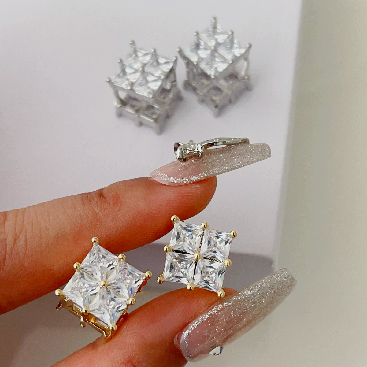 Pave zircon clear square earrings