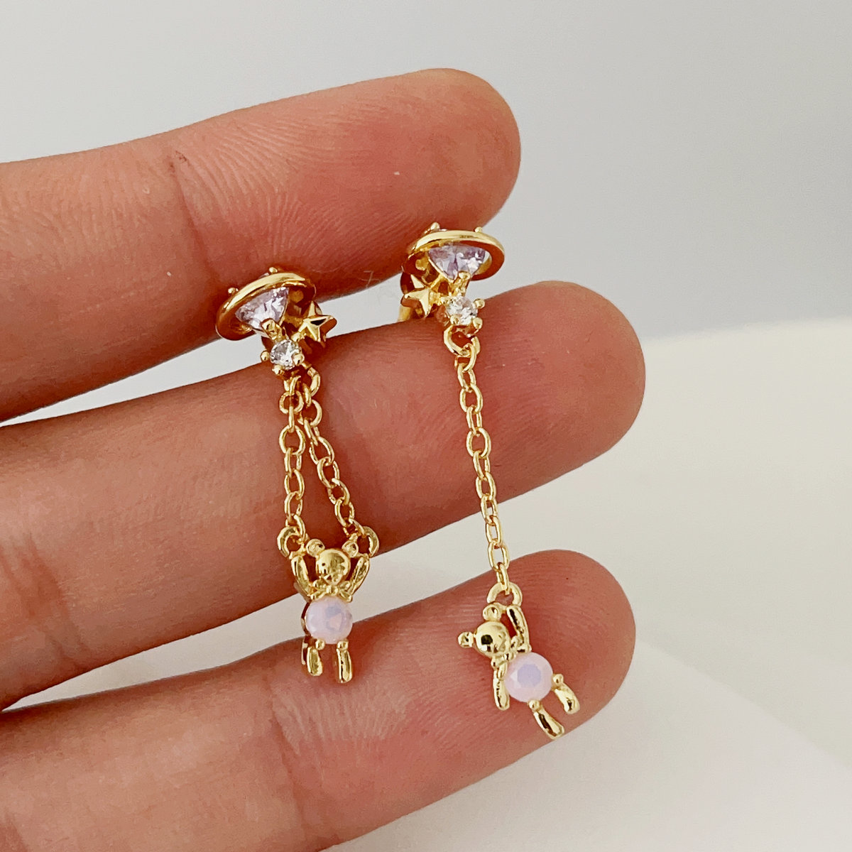Pink zircon teddy bear earrings